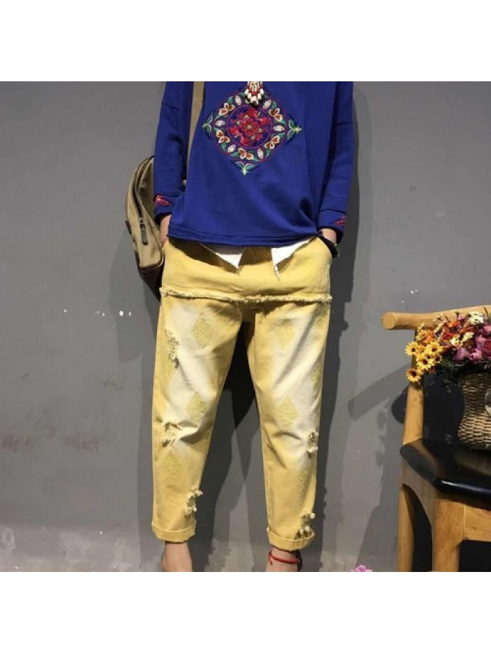 colorful Vintage Elastic Waist Embroidery Jeans