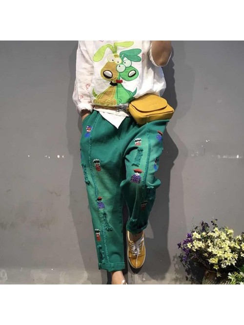 Red/Green/Black Fashion Cartoon Embroidered Loose ...