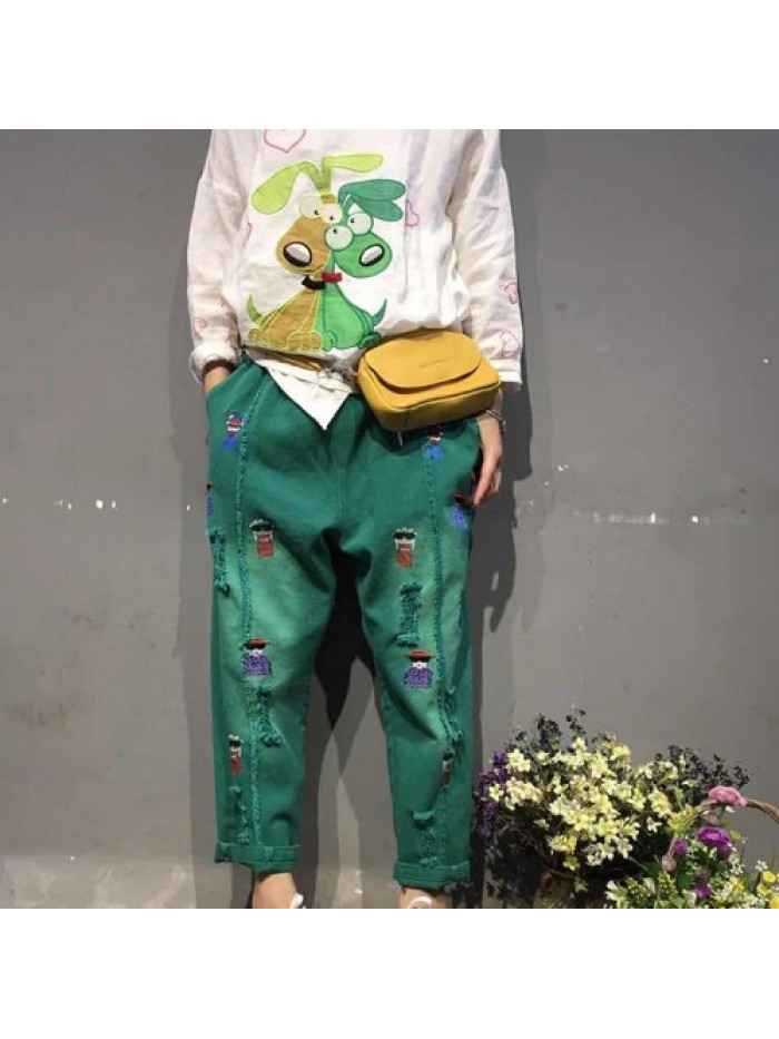 Red/Green/Black Fashion Cartoon Embroidered Loose Jeans 