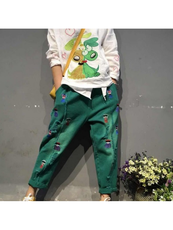 Red/Green/Black Fashion Cartoon Embroidered Loose Jeans 