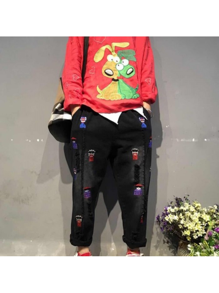 Red/Green/Black Fashion Cartoon Embroidered Loose Jeans 