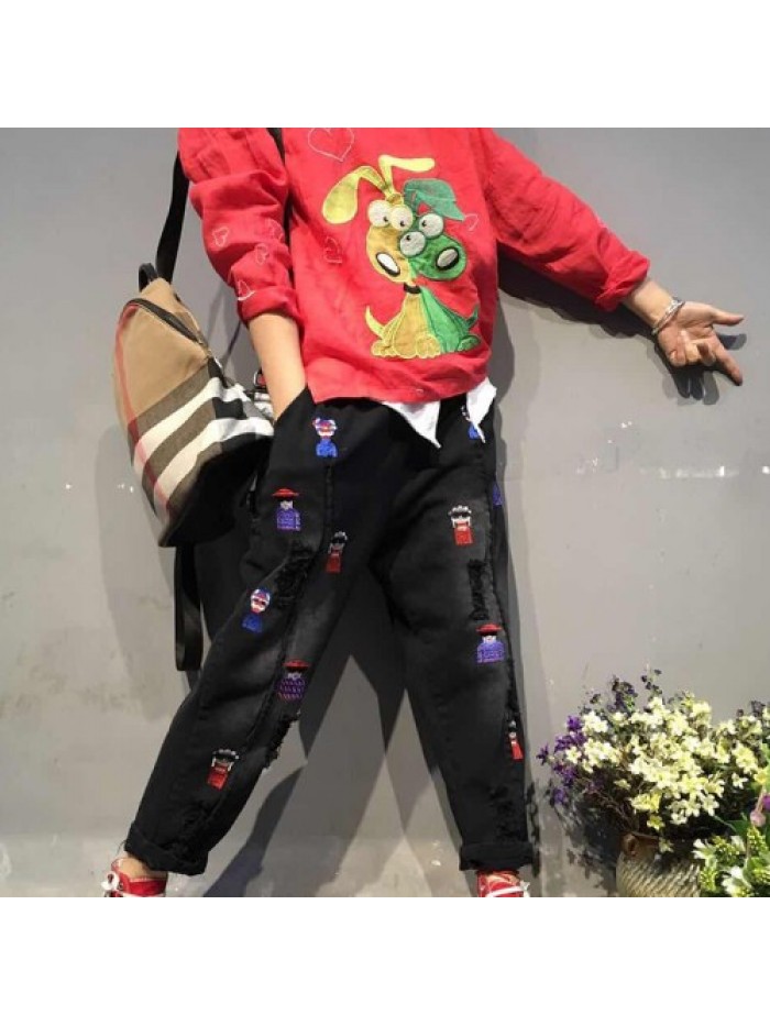 Red/Green/Black Fashion Cartoon Embroidered Loose Jeans 