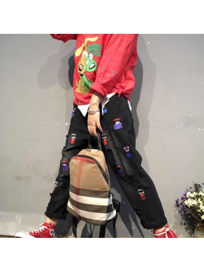 Red/Green/Black Fashion Cartoon Embroidered Loose Jeans 