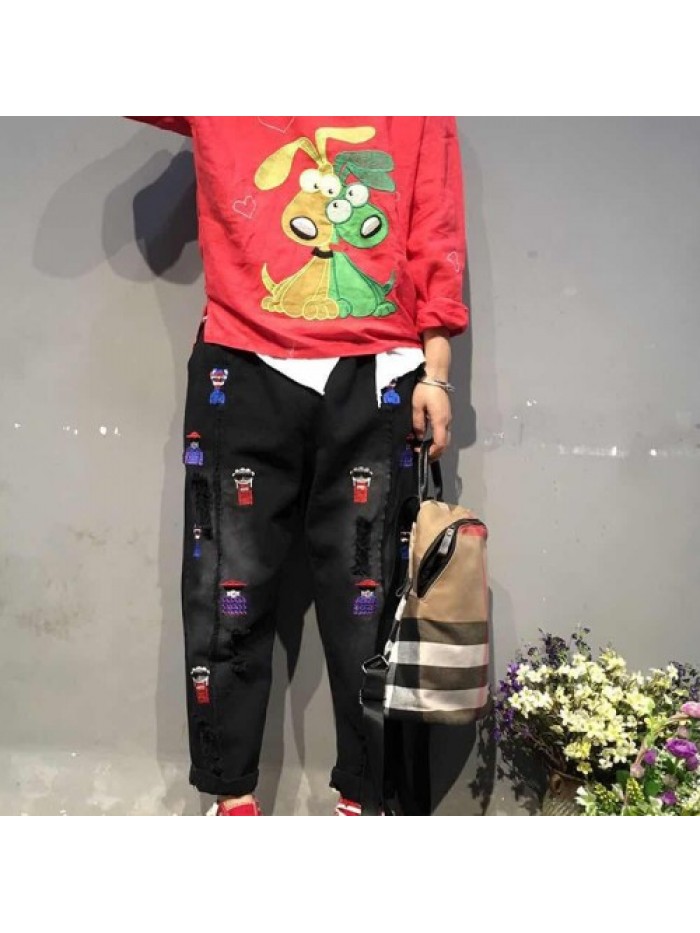 Red/Green/Black Fashion Cartoon Embroidered Loose Jeans 