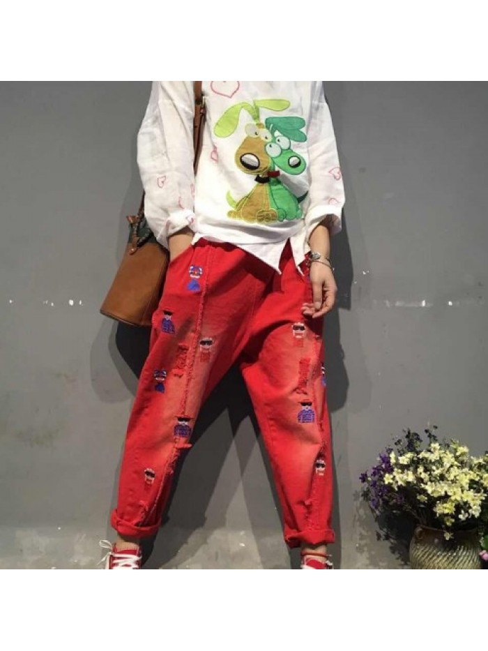 Red/Green/Black Fashion Cartoon Embroidered Loose Jeans 