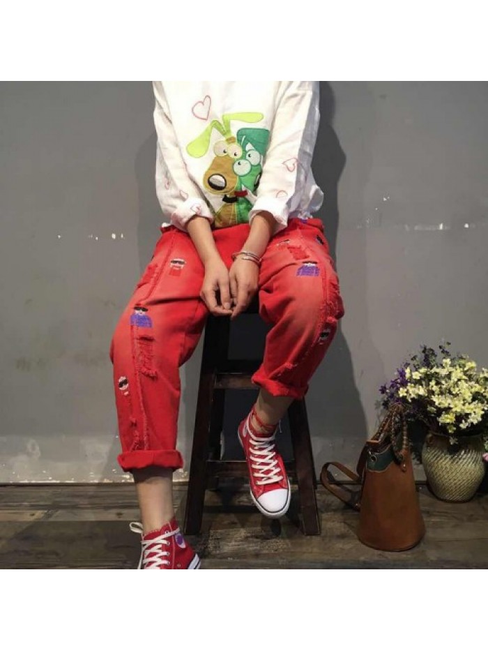 Red/Green/Black Fashion Cartoon Embroidered Loose Jeans 