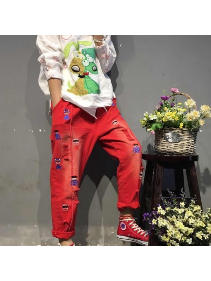 Red/Green/Black Fashion Cartoon Embroidered Loose Jeans 