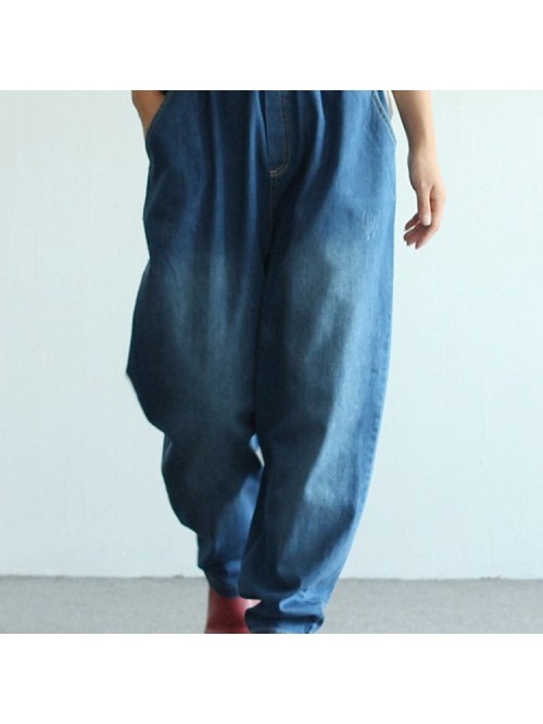 Dark Blue Elastic Waist Wide Leg loose Denim Jeans