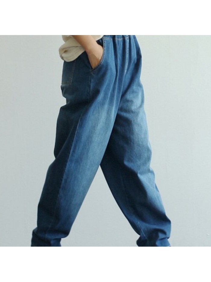 Dark Blue Elastic Waist Wide Leg loose Denim Jeans