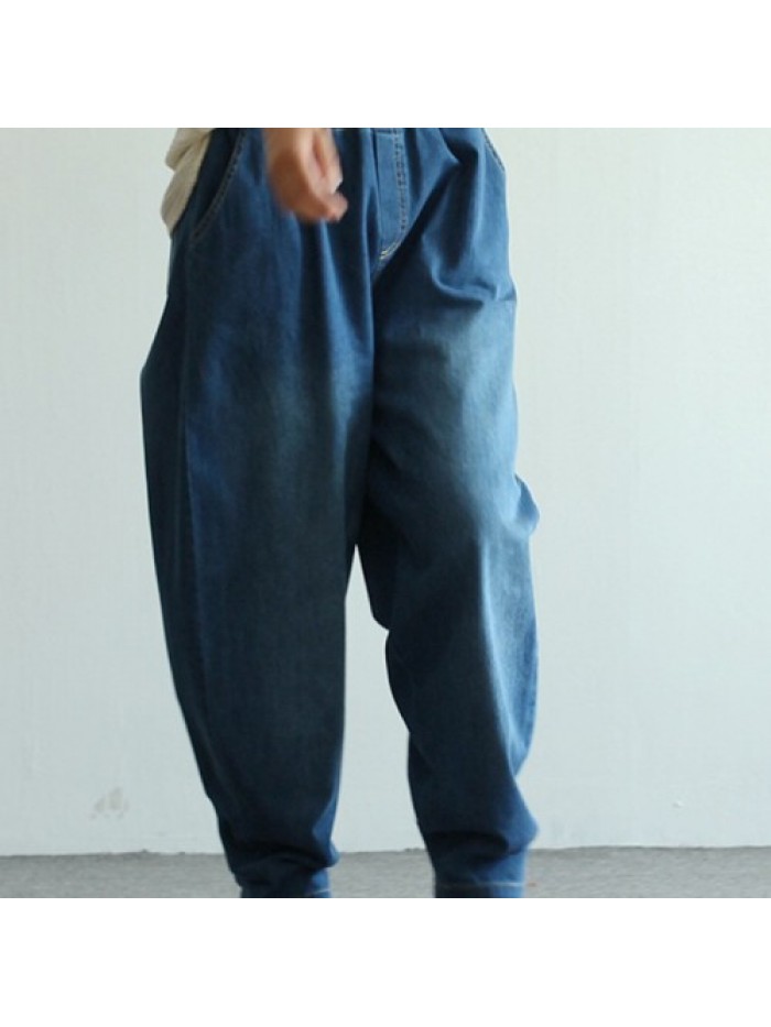 Dark Blue Elastic Waist Wide Leg loose Denim Jeans