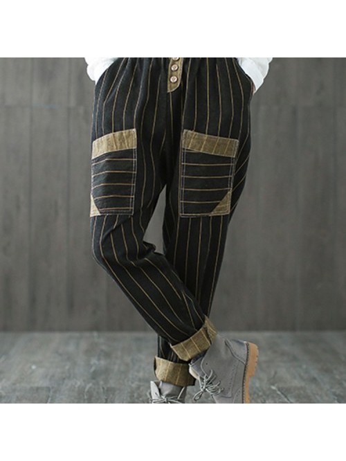 fashion black Striped Patchwork Pocket Elastic Wai...