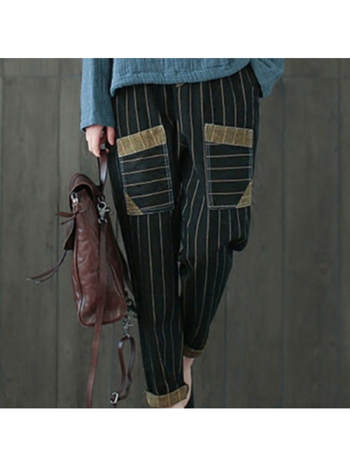 fashion black Striped Patchwork Pocket Elastic Waist Jeans