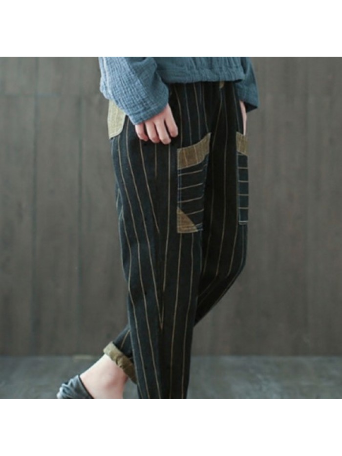 fashion black Striped Patchwork Pocket Elastic Waist Jeans