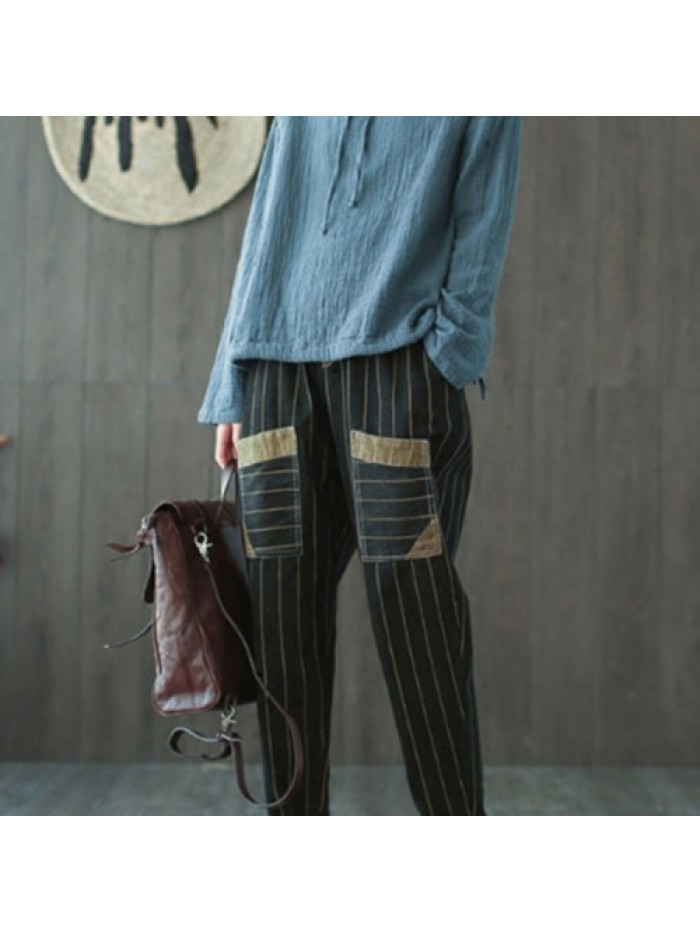 fashion black Striped Patchwork Pocket Elastic Waist Jeans