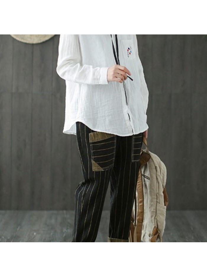 fashion black Striped Patchwork Pocket Elastic Waist Jeans