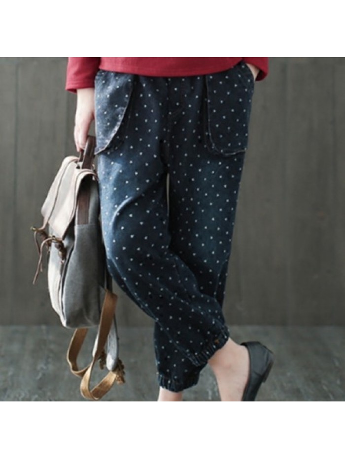 Casual Heart Printed Elastic Waist Loose Jeans