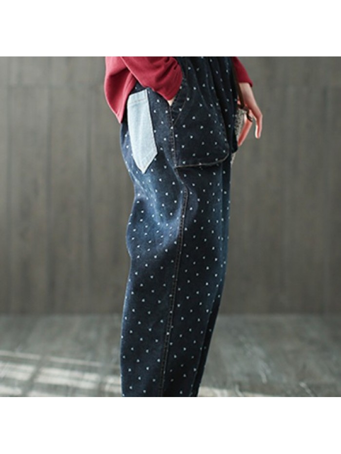 Casual Heart Printed Elastic Waist Loose Jeans