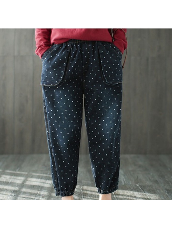 Casual Heart Printed Elastic Waist Loose Jeans