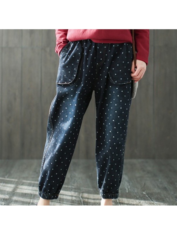 Casual Heart Printed Elastic Waist Loose Jeans