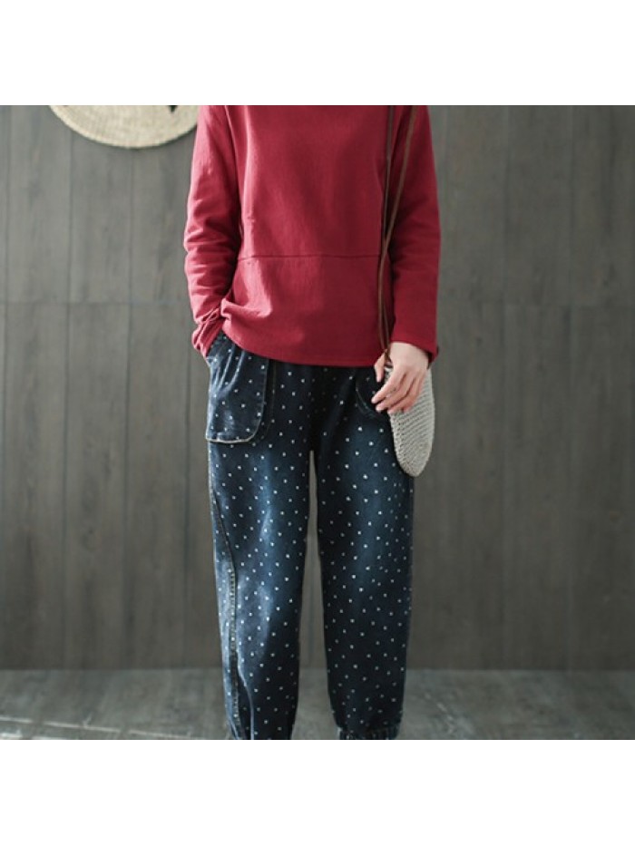 Casual Heart Printed Elastic Waist Loose Jeans