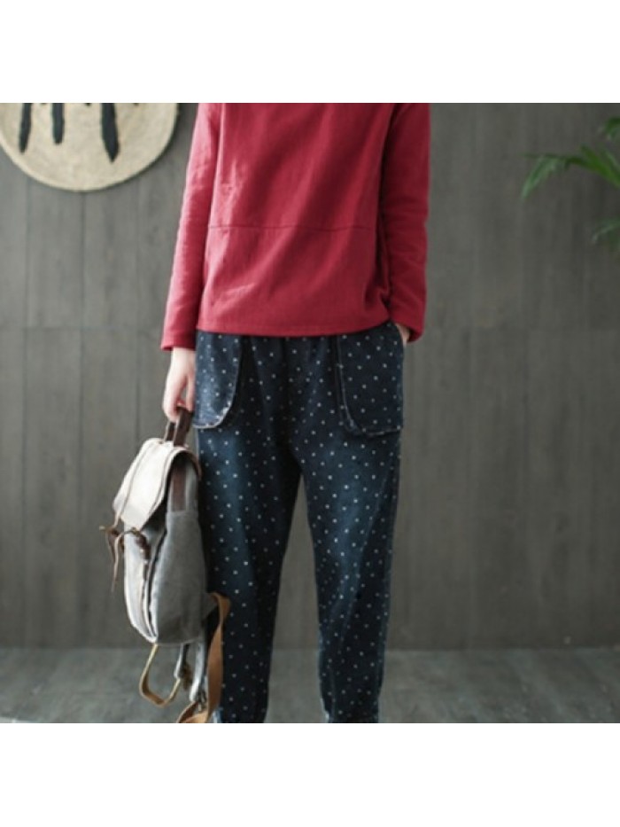 Casual Heart Printed Elastic Waist Loose Jeans