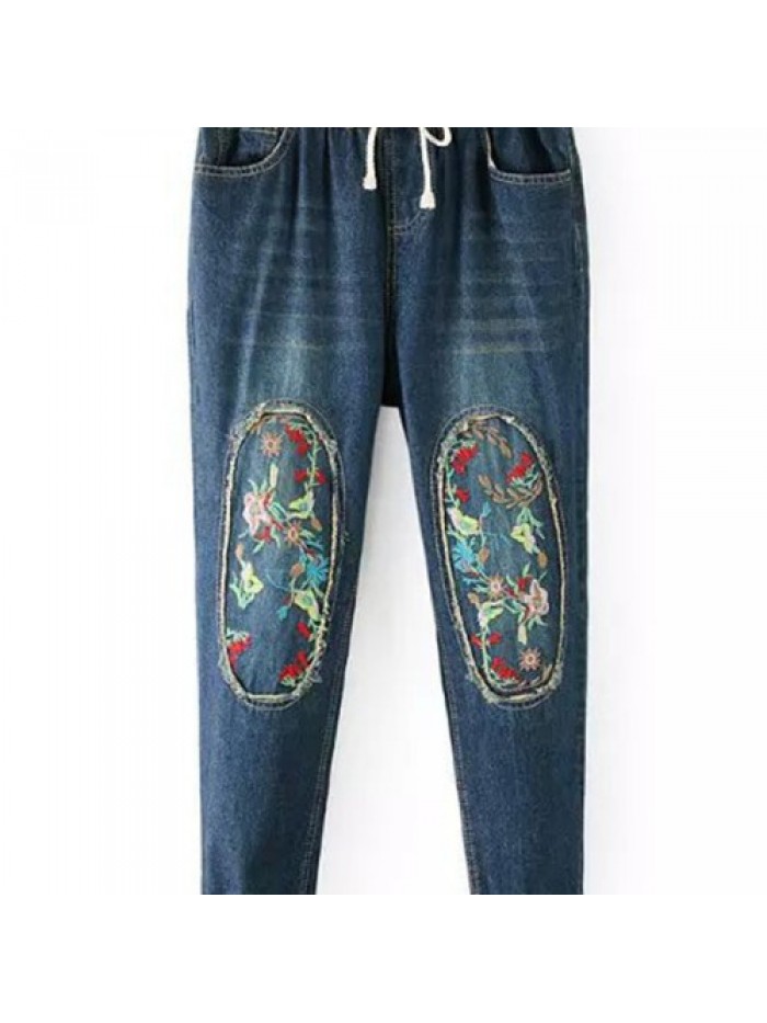 Casual Floral Embroidery Elastic Waist Denim Jeans