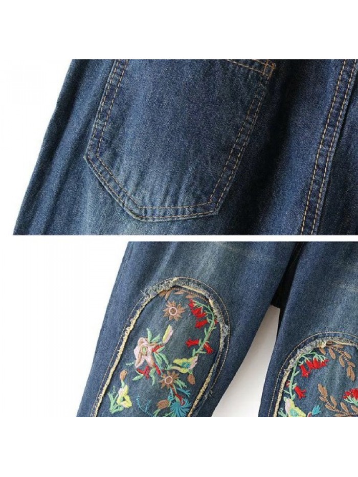 Casual Floral Embroidery Elastic Waist Denim Jeans