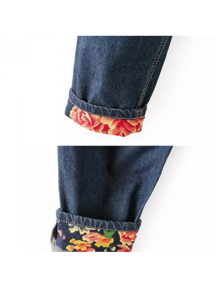 Casual Floral Embroidery Elastic Waist Denim Jeans