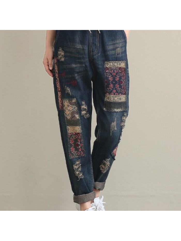 Dark blue national style of condole belt waist embroidery stitching ripped jeans