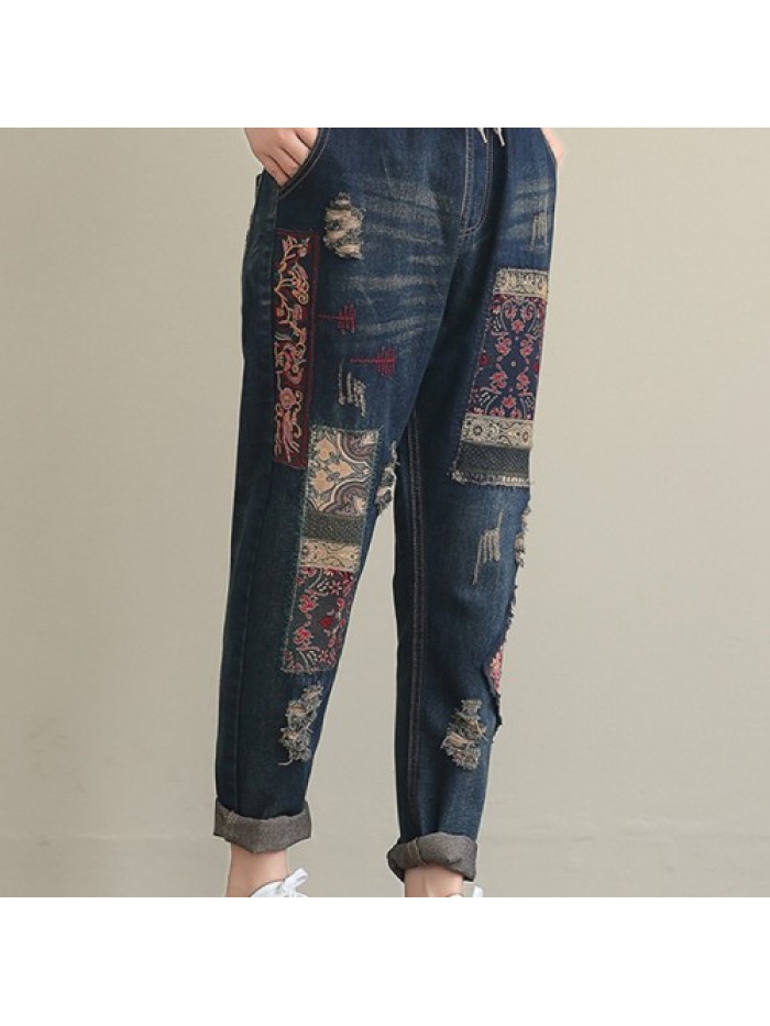 Dark blue national style of condole belt waist embroidery stitching ripped jeans