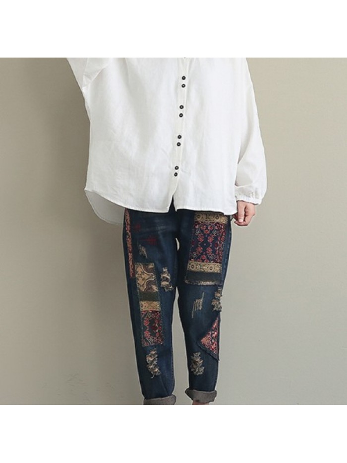 Dark blue national style of condole belt waist embroidery stitching ripped jeans