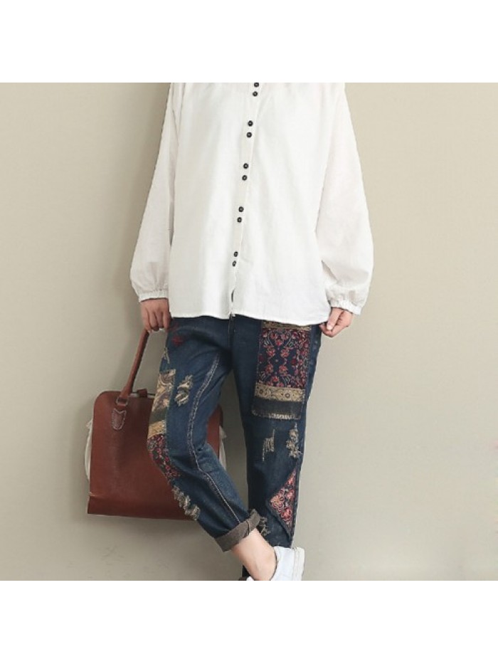 Dark blue national style of condole belt waist embroidery stitching ripped jeans