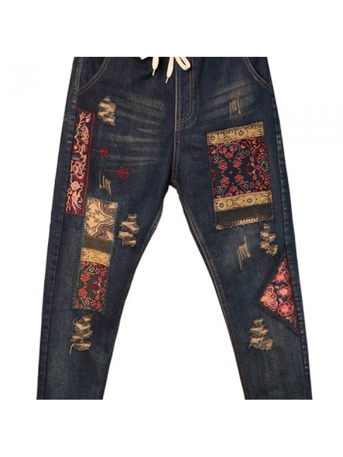 Dark blue national style of condole belt waist embroidery stitching ripped jeans