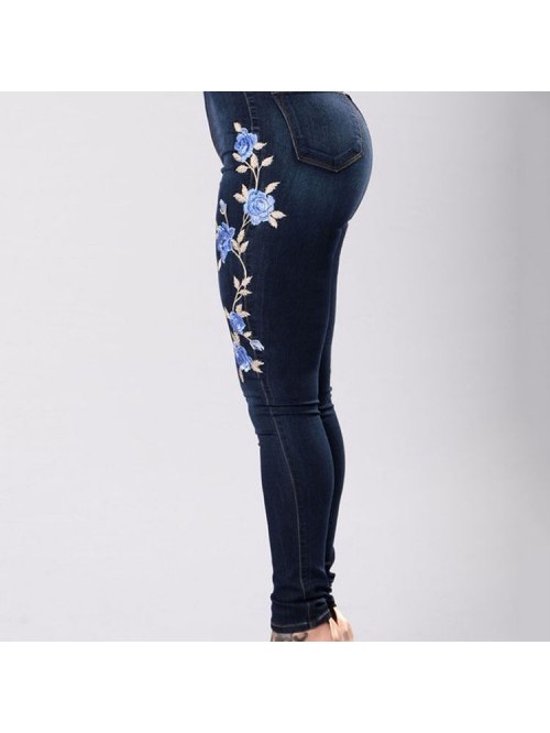 Dark blue Floral Embroidered High Waist Slim Denim...