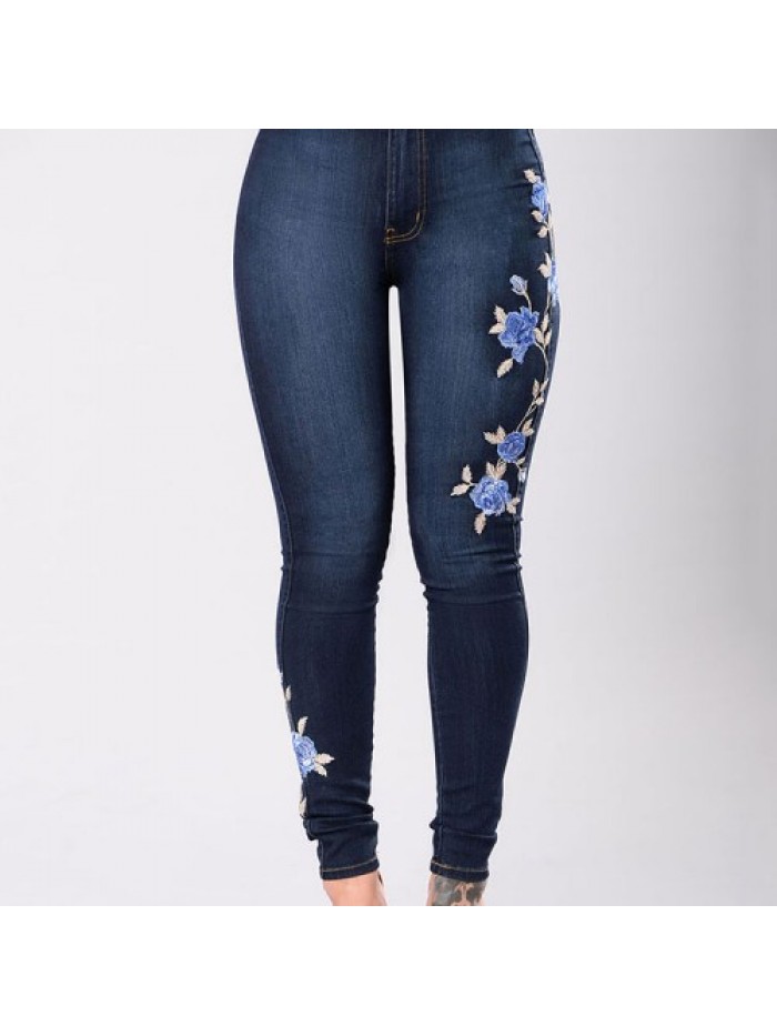 Dark blue Floral Embroidered High Waist Slim Denim Jeans