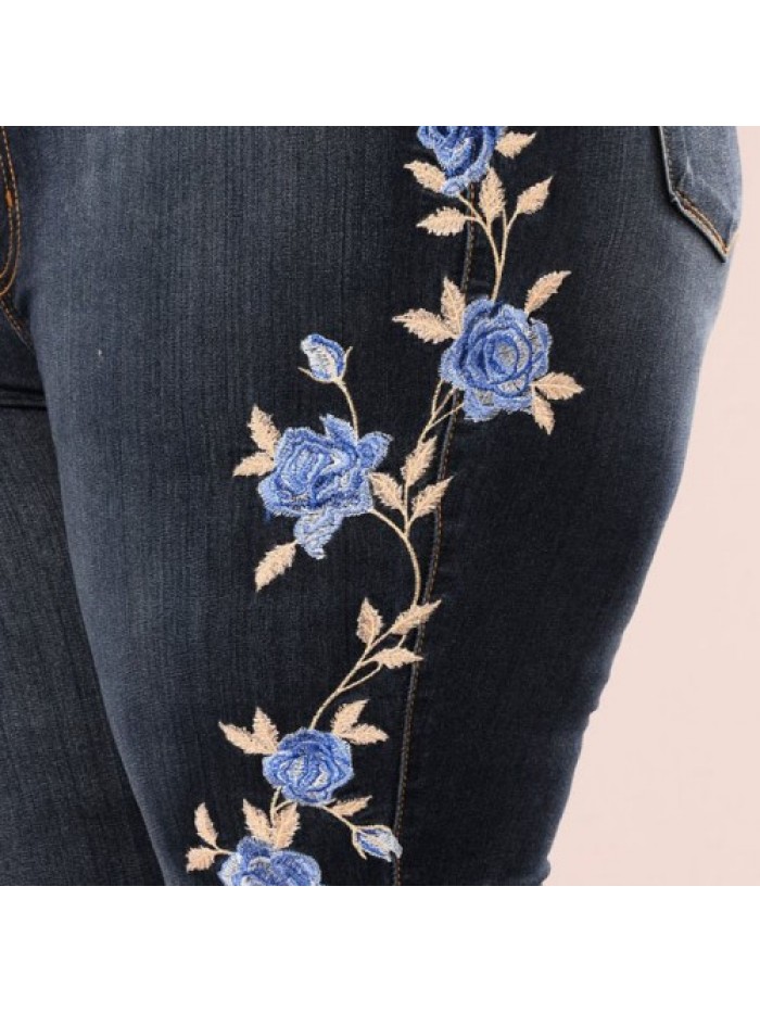 Dark blue Floral Embroidered High Waist Slim Denim Jeans