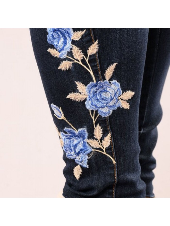 Dark blue Floral Embroidered High Waist Slim Denim Jeans