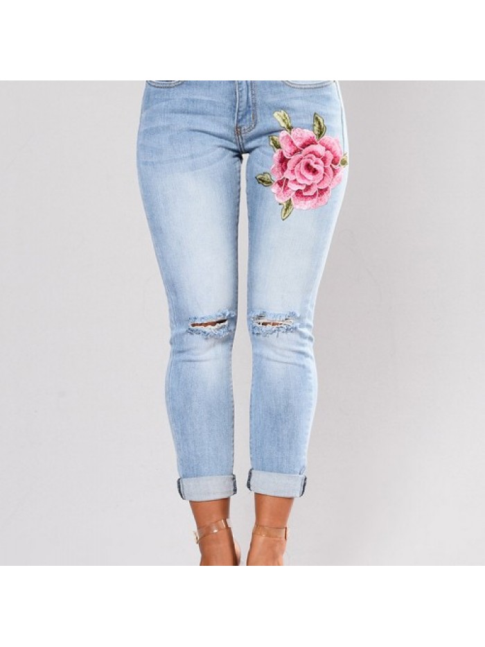 Light Blue floral Embroidered Ripped Hole Bodycon Jeans