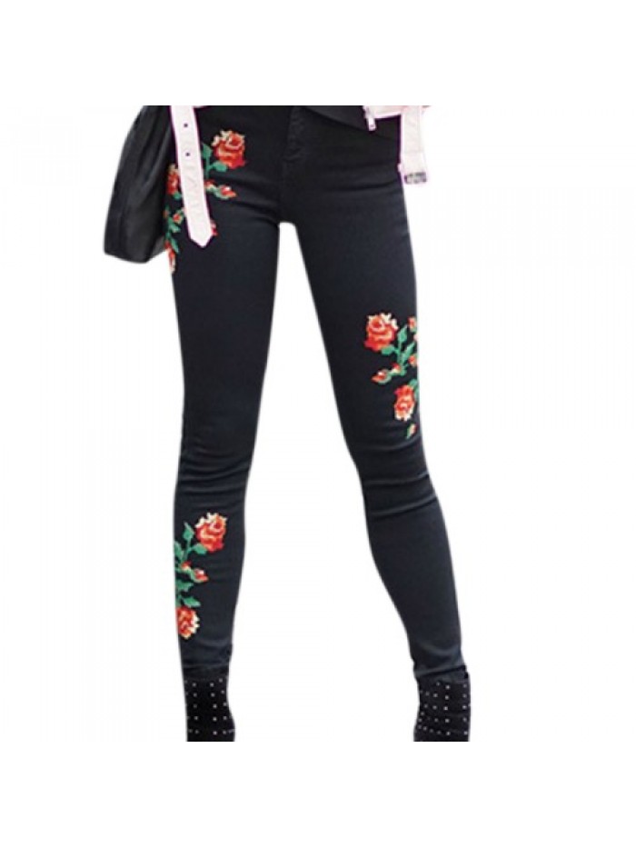 Black Floral Embroidery High Waist Skinny jeans