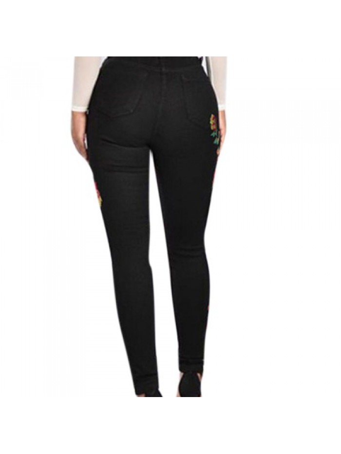 Black Floral Embroidery High Waist Skinny jeans