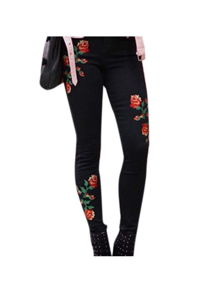 Black Floral Embroidery High Waist Skinny jeans