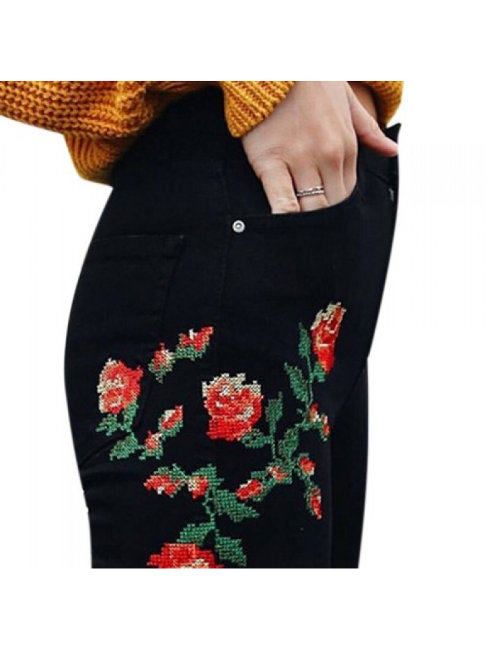 Black Floral Embroidery High Waist Skinny jeans