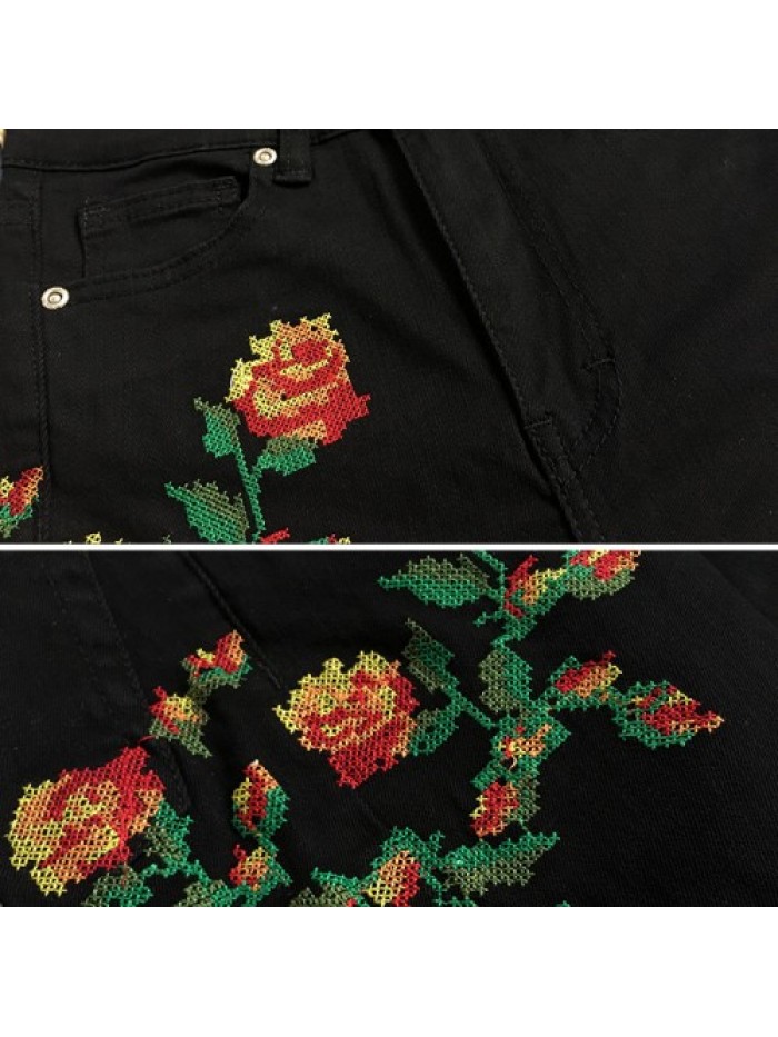 Black Floral Embroidery High Waist Skinny jeans