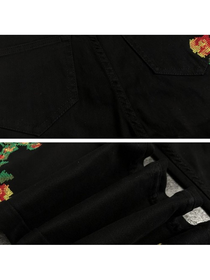 Black Floral Embroidery High Waist Skinny jeans