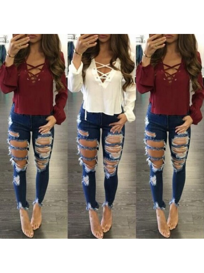 Dark blue Fashion Ripped Skinny Jeans