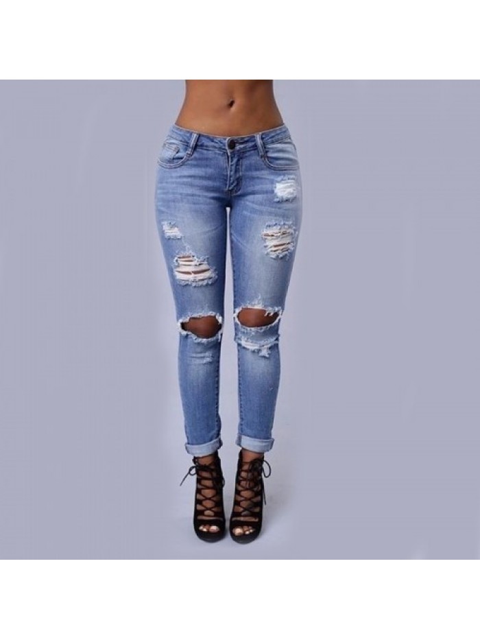 White/Blue/Black Vintage Ripped Skinny Long Jeans