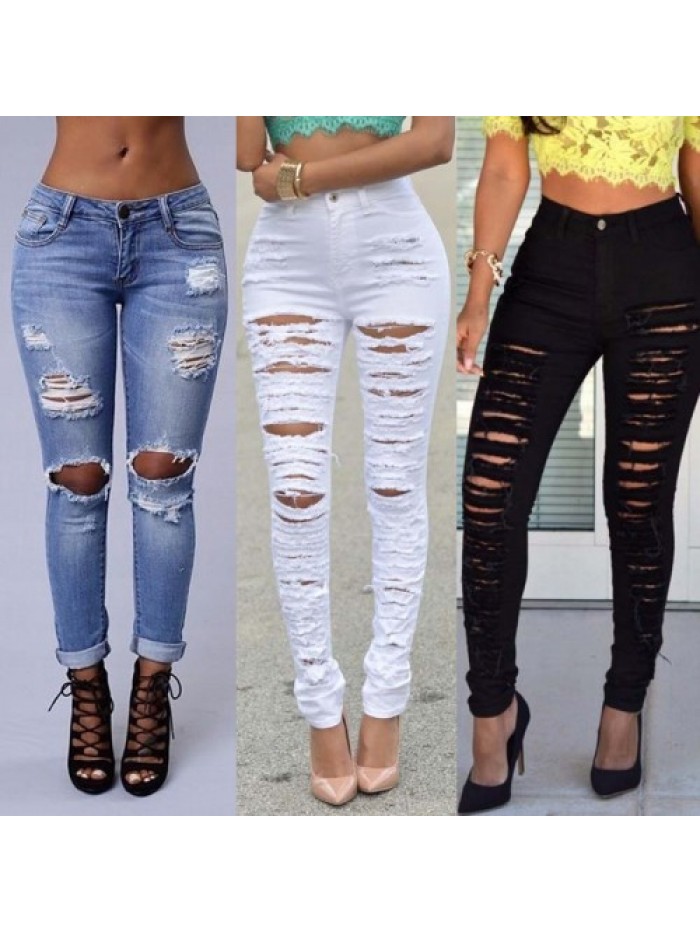 White/Blue/Black Vintage Ripped Skinny Long Jeans