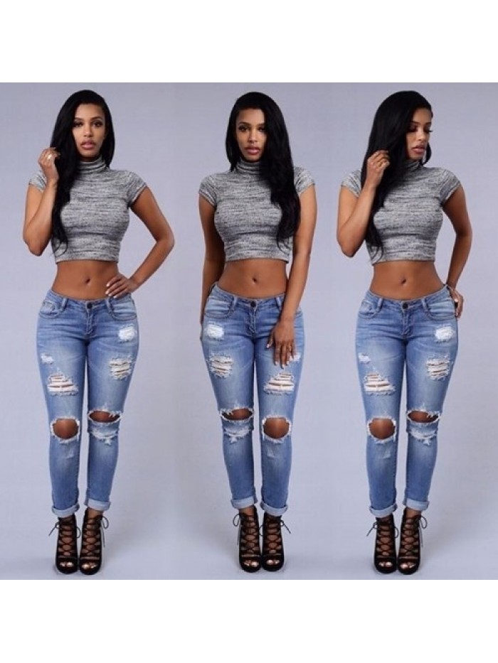 White/Blue/Black Vintage Ripped Skinny Long Jeans