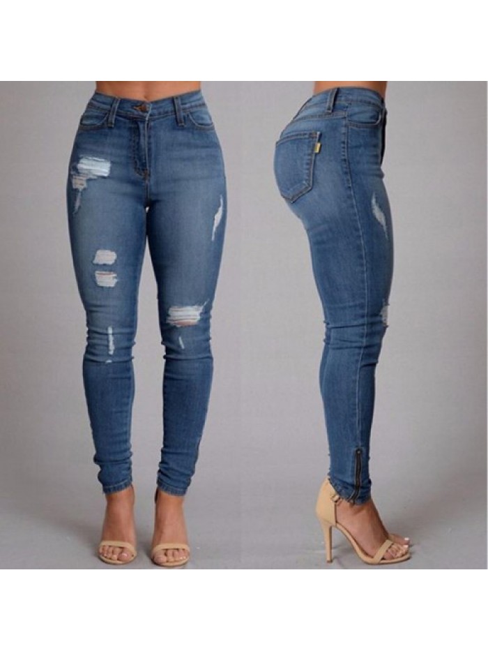 Casual Women Full Length Mid-waist Ripped jeans