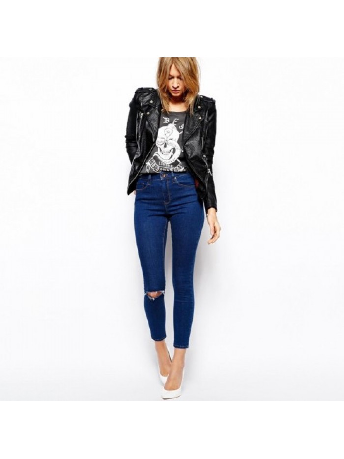 Dark Blue High Waist Casual Denim Skinny Jeans 